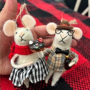 Handcrafted Mouse Figurines felt wool ornaments with Red Scarf and Plaid Outfit